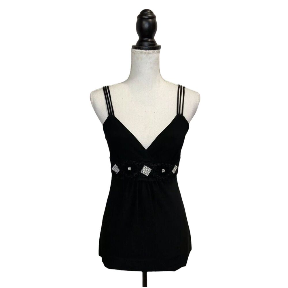 Vintage Lipstick Top Womens Small Black Rhinestone Bling Clubwear Y2K Retro Sexy